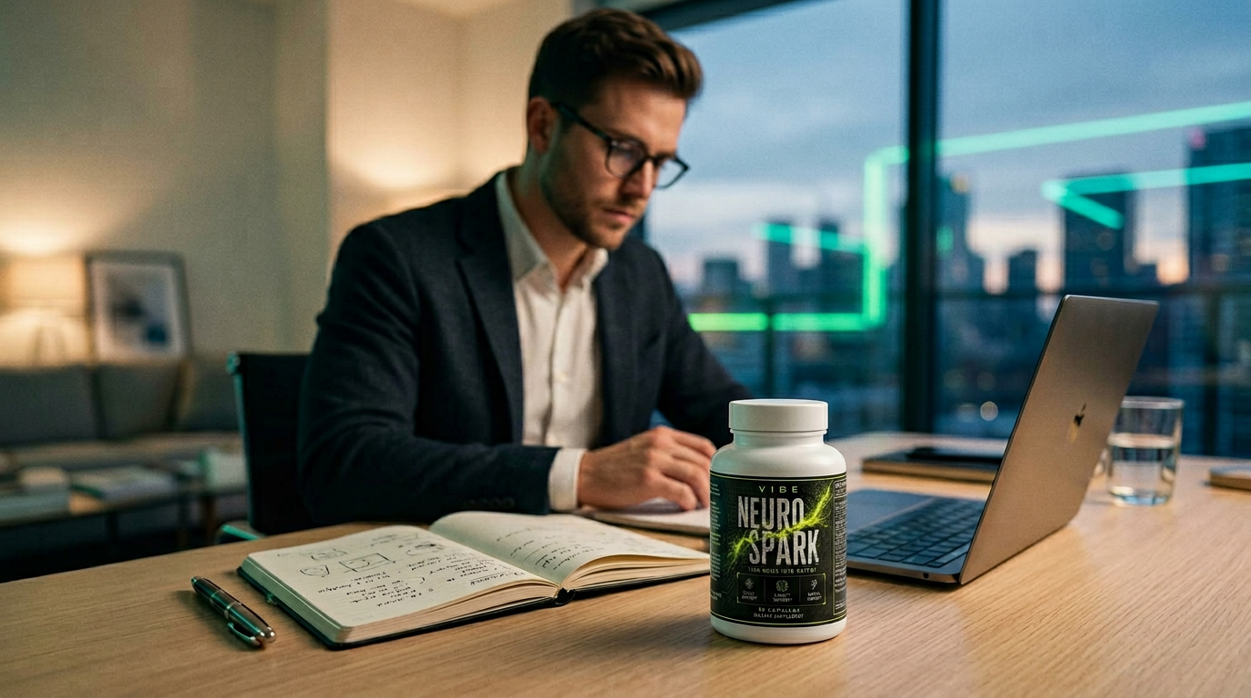 Focused entrepreneur working at a clean modern workspace with NeuroSpark on the desk