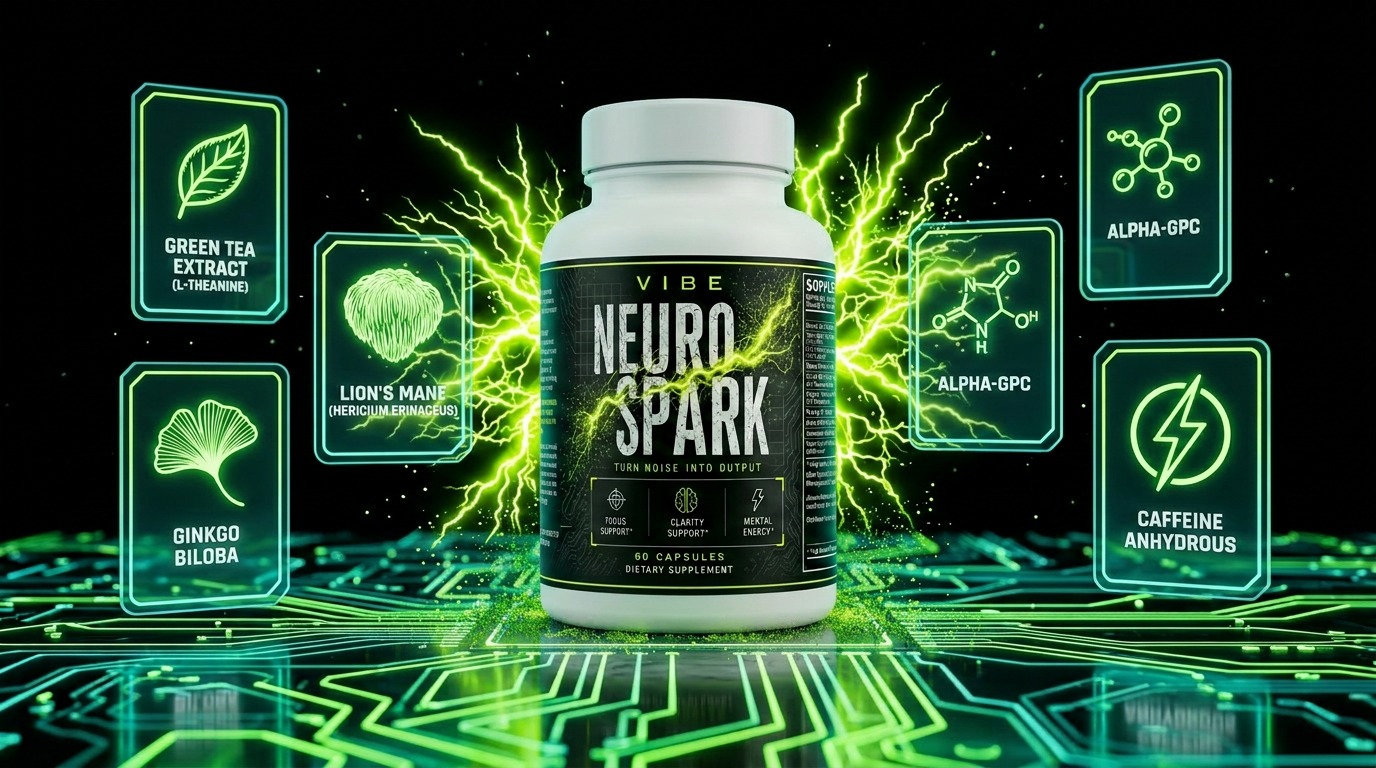 Holographic ingredient cards floating around the NeuroSpark bottle