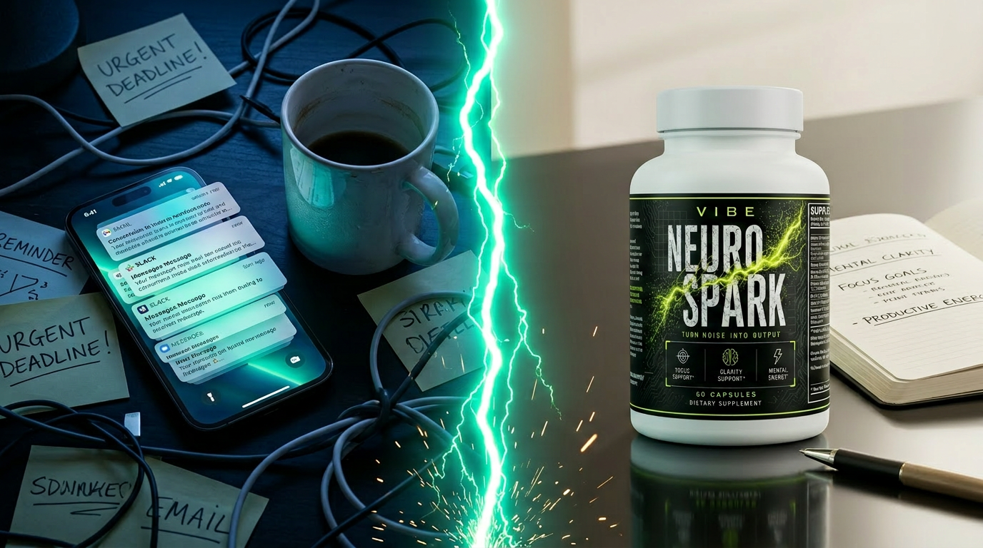 Split scene: chaotic notification-filled desk on the left versus calm focused workspace with NeuroSpark on the right