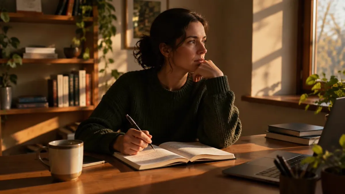 Softly lit workspace in the late afternoon, with an adult pausing over notes