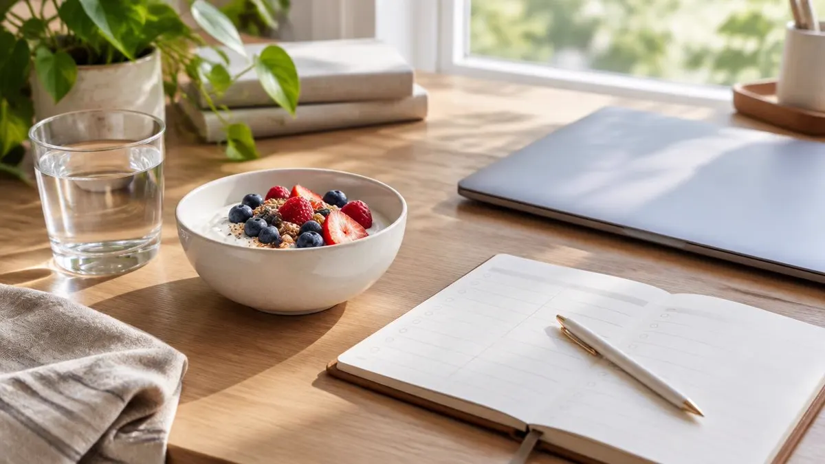 Morning desk scene with natural light, water, breakfast, and a simple planner