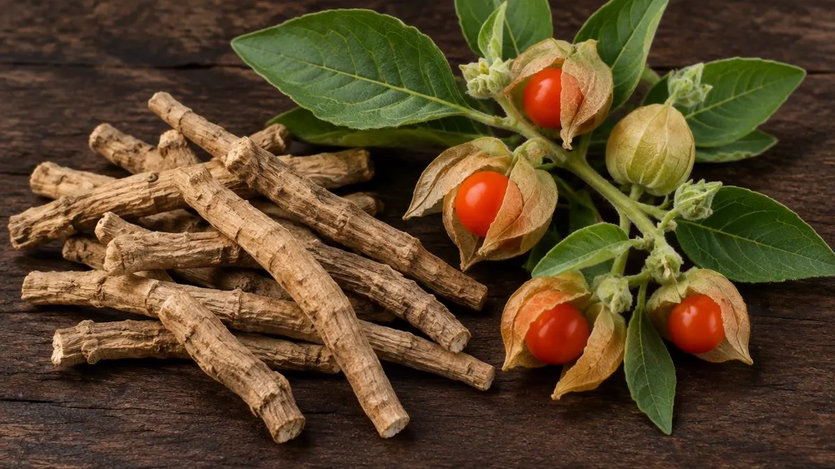 Botanically accurate ashwagandha roots and berries in a premium botanical arrangement