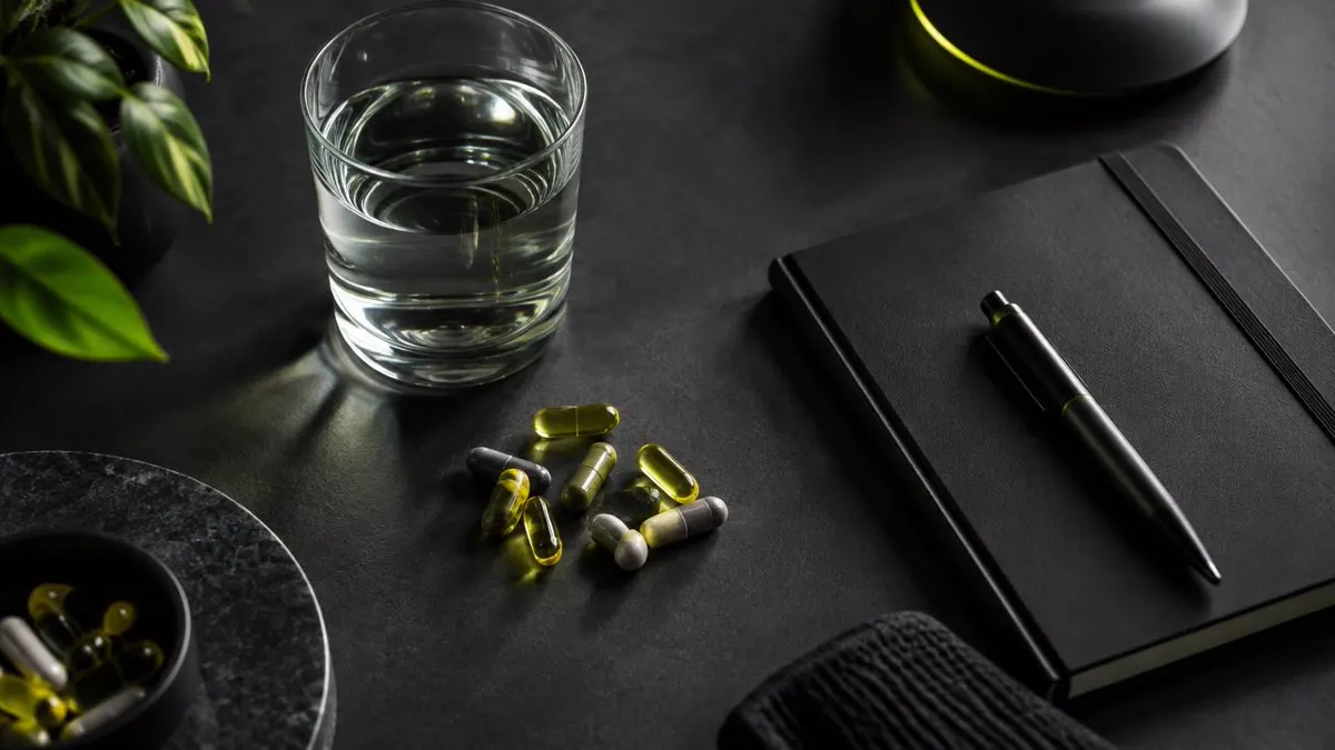 Premium flat-lay composition featuring realistic, unbranded supplement capsules, a glass of water, and a minimalist work notebook