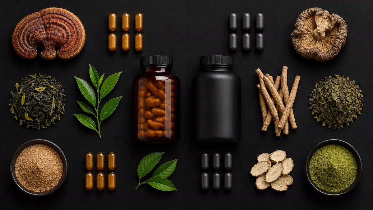 Refined editorial arrangement of unbranded supplement containers, capsules, and botanical ingredients