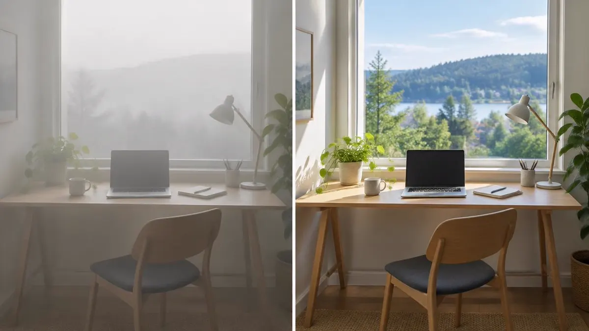 Balanced diptych showing the same everyday work environment in soft morning mist and clear daylight