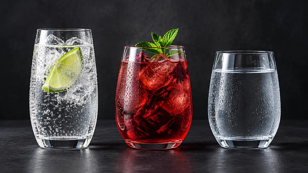 Clean visual comparison of sparkling water, herbal iced tea, and plain water in premium glassware