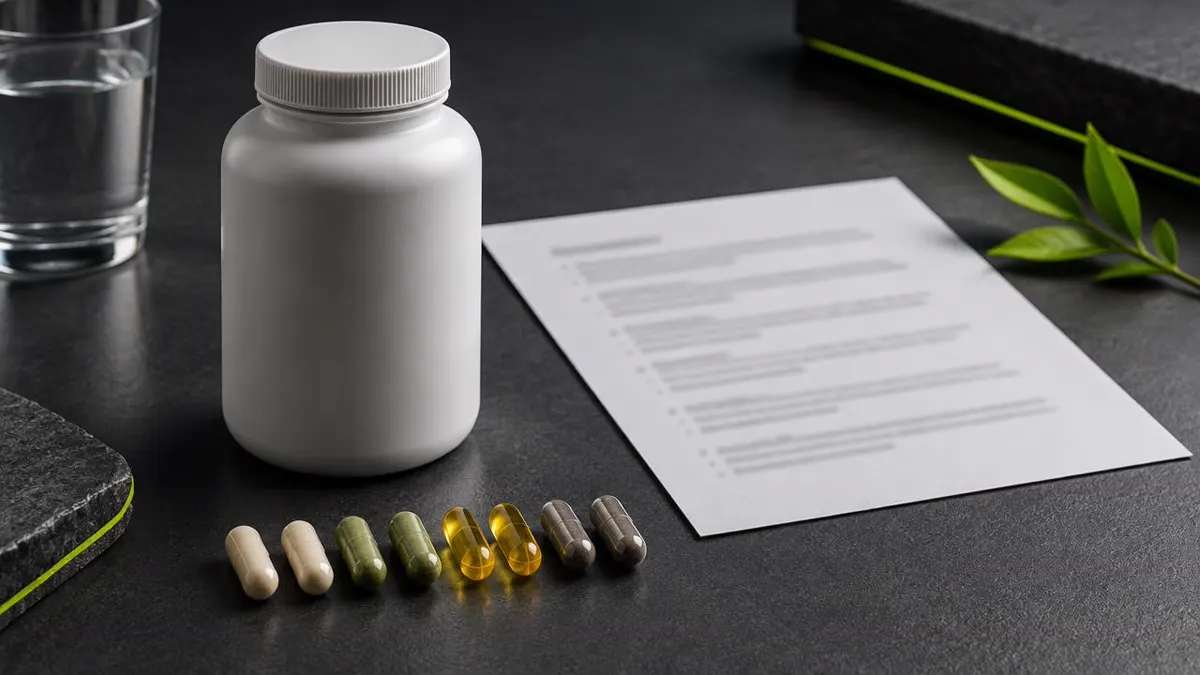Neutral supplement bottle, readable but generic ingredient-style documentation without fabricated facts, and carefully arranged capsules