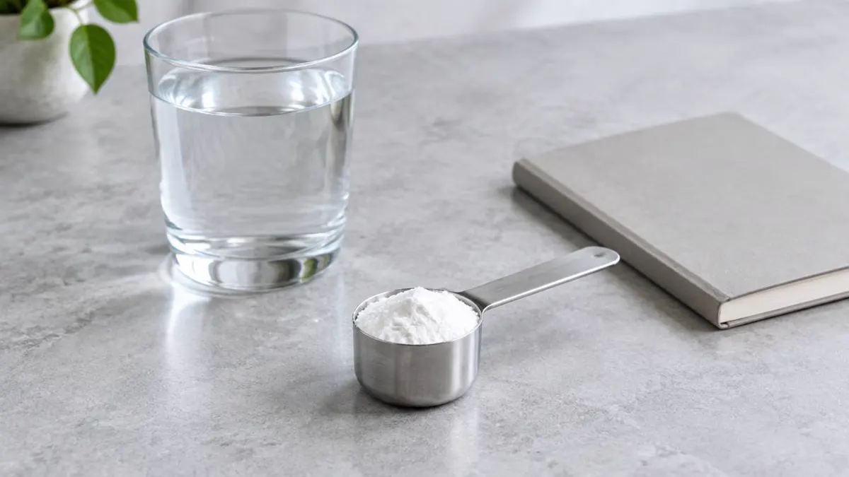 Premium photograph of an unbranded creatine powder scoop beside water and a simple research notebook