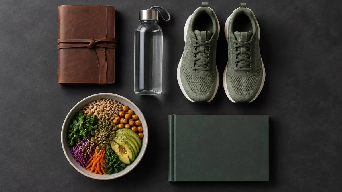 Editorial flat-lay showing a journal, water, running shoes, a nutritious meal, and a book