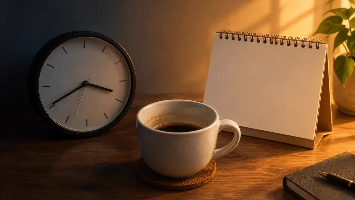 Close-up of a simple analog clock beside an unfinished cup of coffee and a neutral calendar