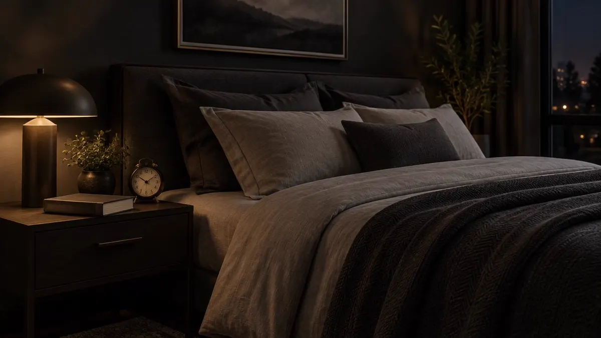 Premium nighttime bedroom photograph with comfortable bedding and soft indirect lighting