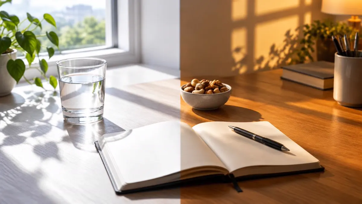 Split-light workspace scene transitioning from bright midday sunlight to warm late-afternoon light