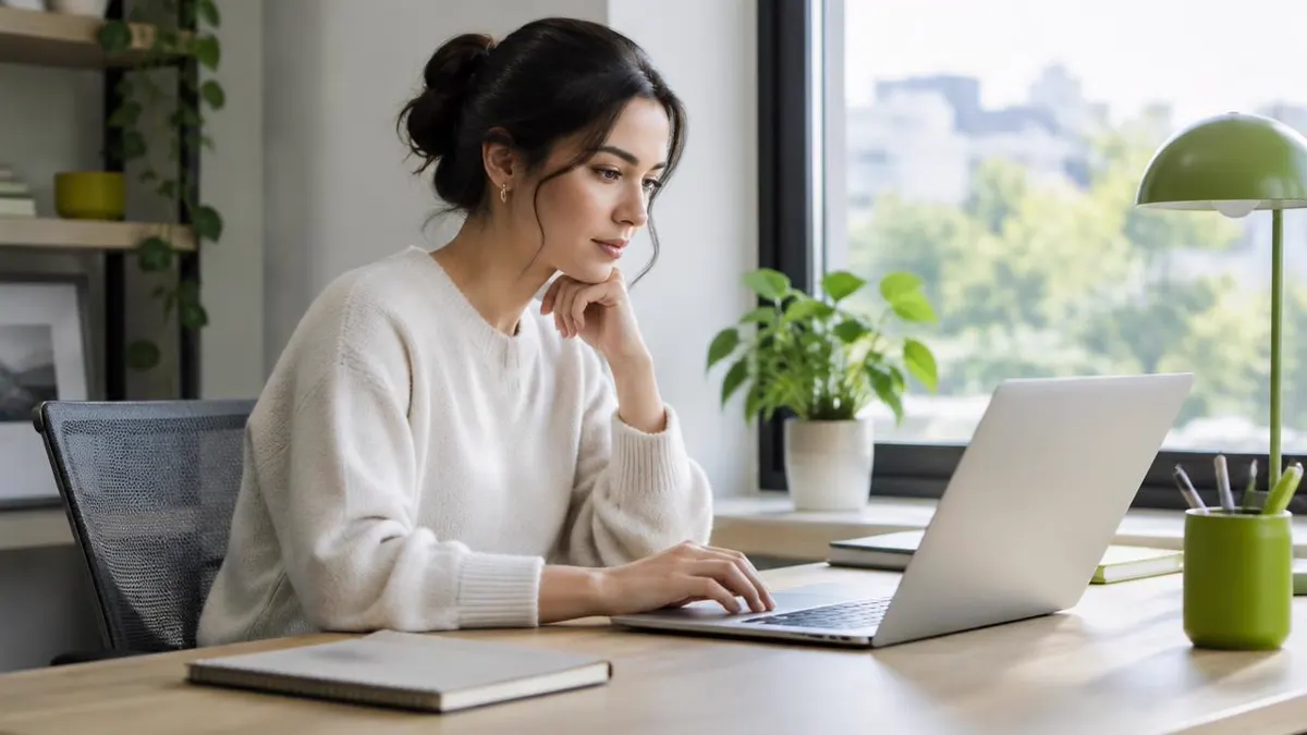 Professional working calmly at a clean desk beside a window with natural morning light