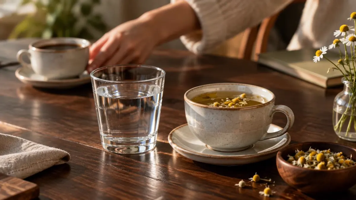 Coffee cup being moved aside while a glass of water and herbal tea take the foreground