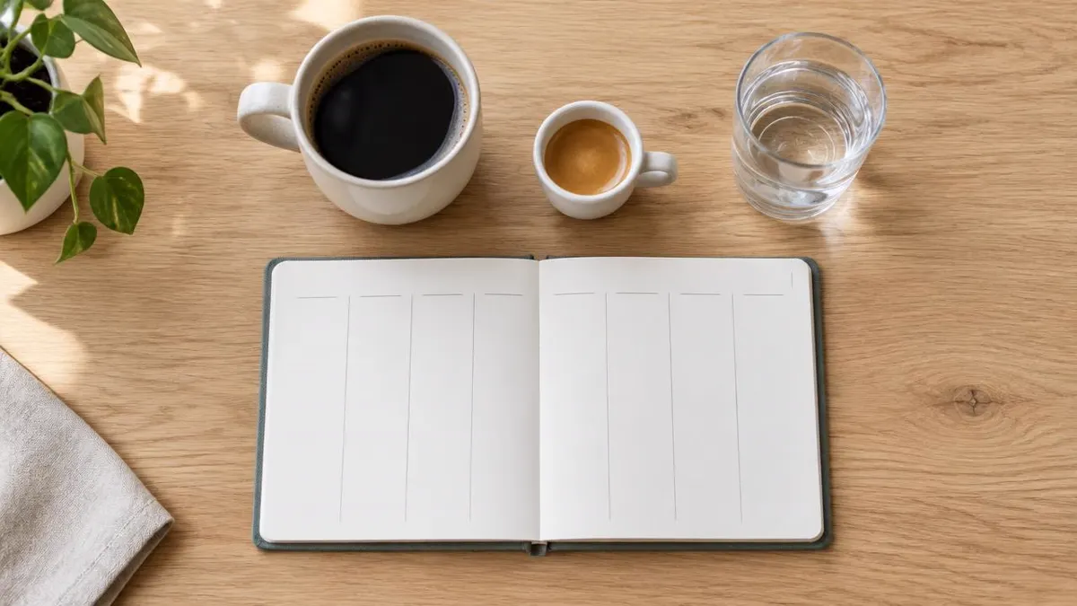 Two coffee cups of different sizes beside a simple weekly planner and a glass of water