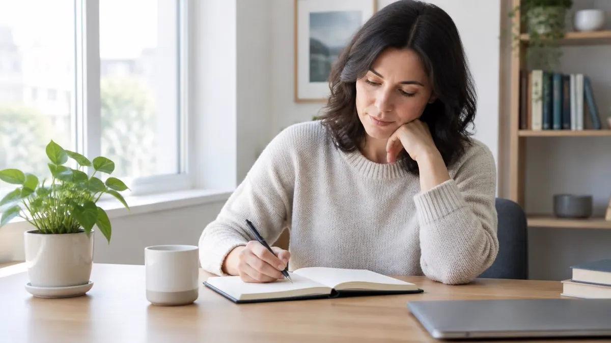 Thoughtful adult reading or writing in a bright, quiet environment