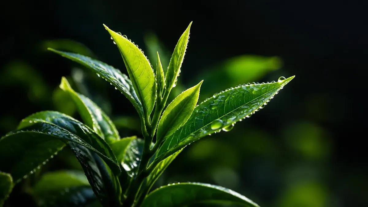 Macro botanical photograph of green tea leaves with a premium dark background and delicate studio lighting