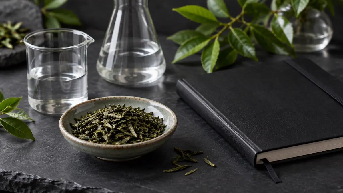 Loose green tea leaves beside a scientific notebook and simple glassware
