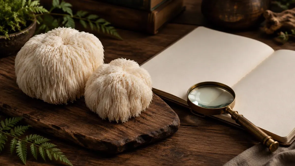 Fresh lion's mane mushrooms alongside a neutral research notebook and magnifying glass