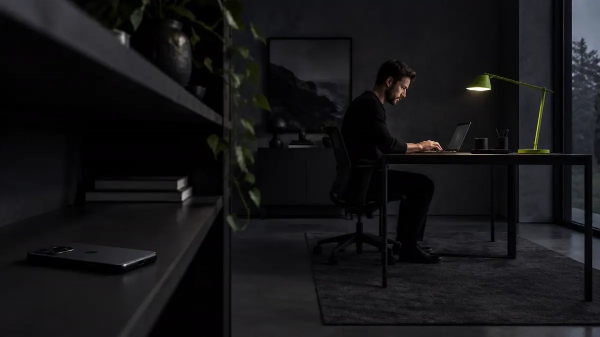Focused professional at a minimalist workstation with a phone placed face-down away from the workspace