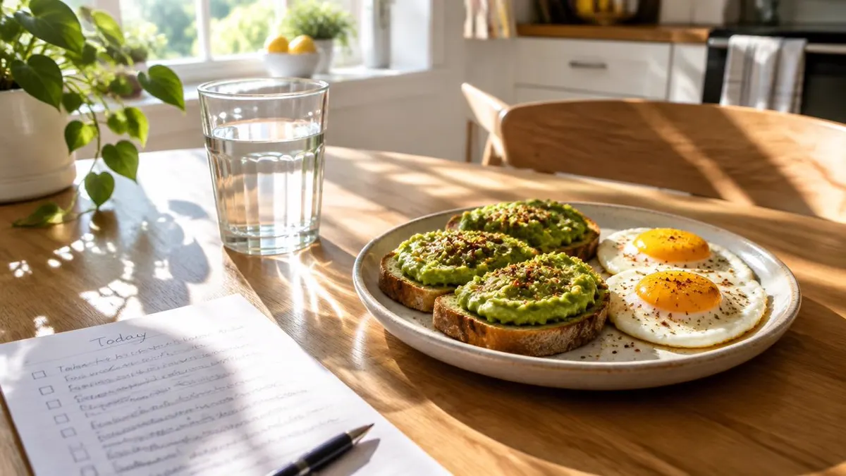 Bright morning scene featuring sunlight, a glass of water, breakfast, and a handwritten daily plan