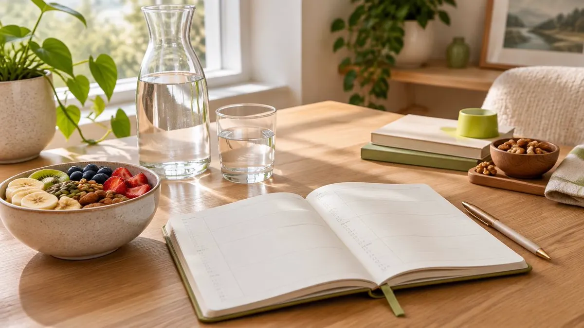 Inviting workspace with water, natural daylight, a planner, and healthy food