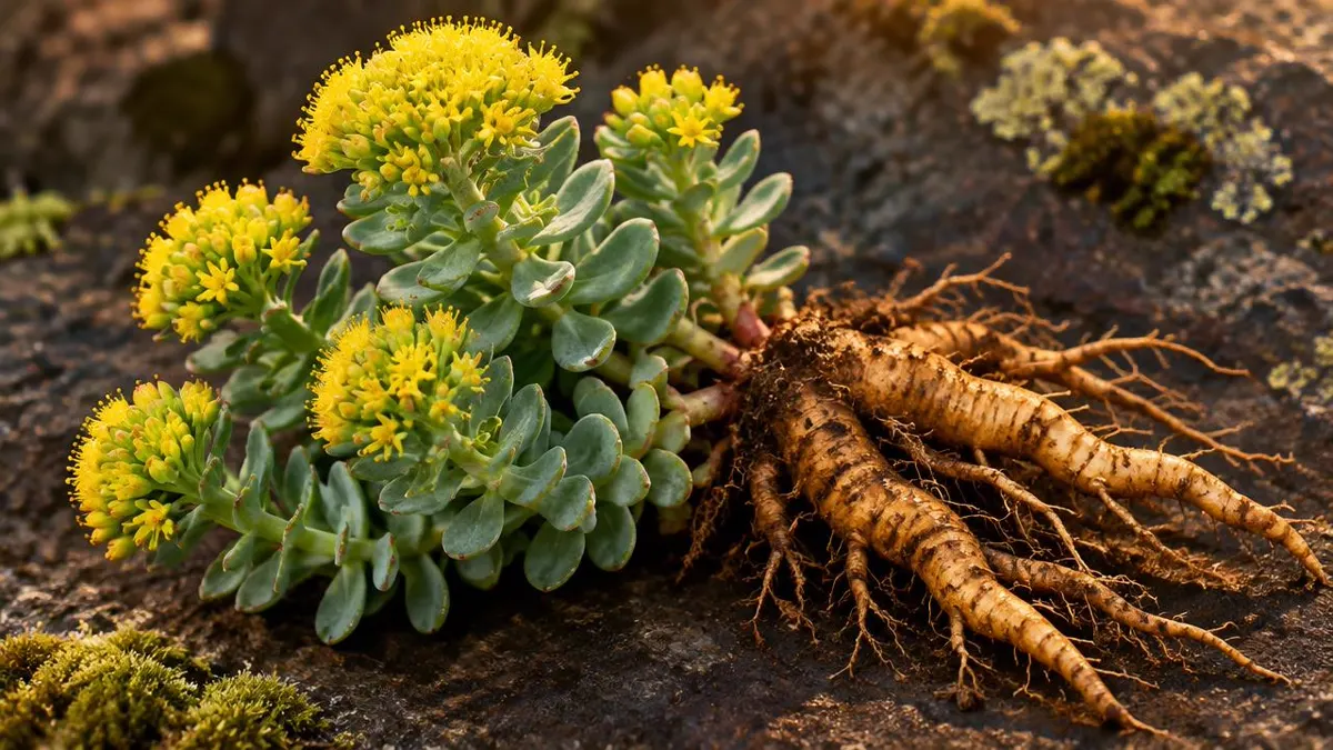 Botanical photography of Rhodiola rosea flowers and roots using botanically accurate references