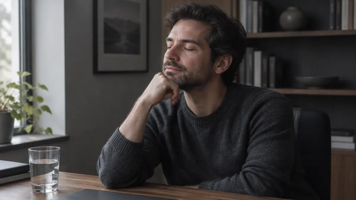 Adult resting thoughtfully at a desk in soft afternoon light, with a glass of water nearby