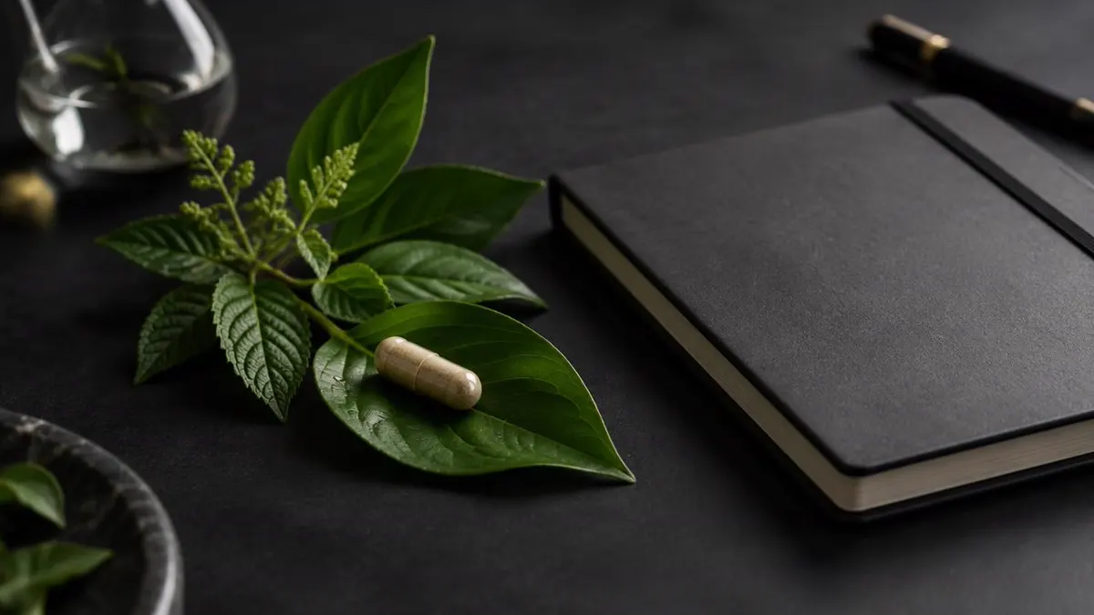 Elegant conceptual photograph combining a neutral supplement capsule with botanical leaves and a minimal scientific notebook