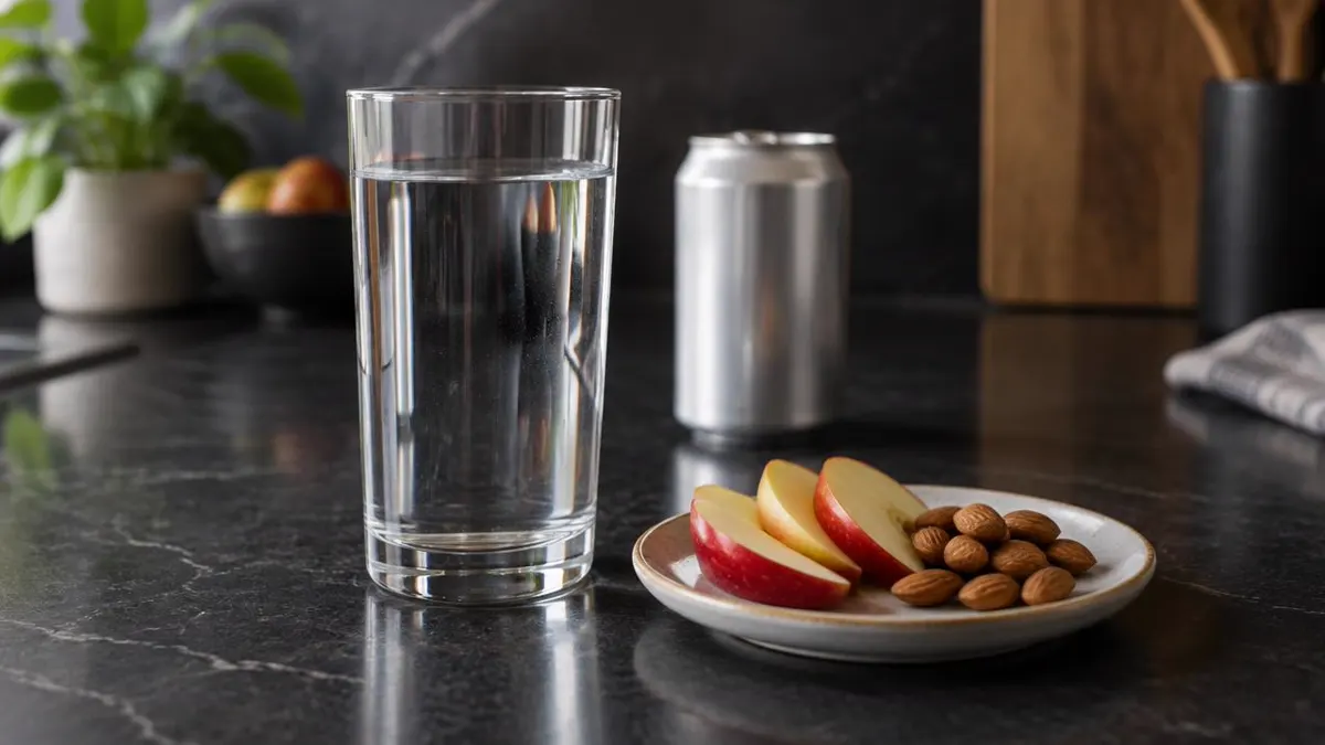 Neutral energy drink can placed behind a glass of water and a simple healthy snack
