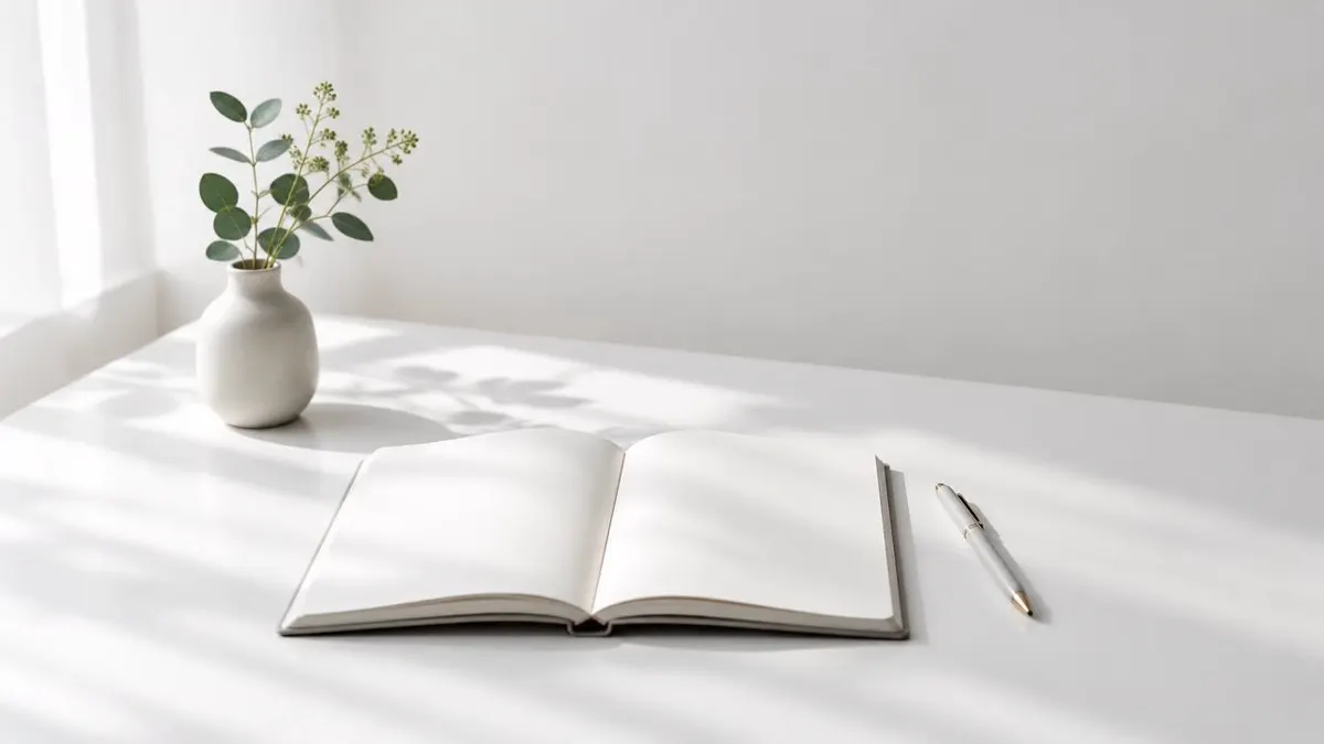 Serene minimalist desk with one open notebook, a pen, soft daylight, and subtle greenery