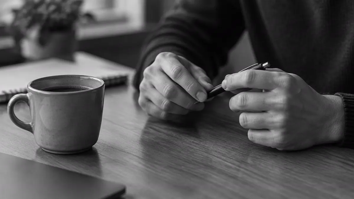 Editorial close-up of a coffee cup beside restless hands on a desk