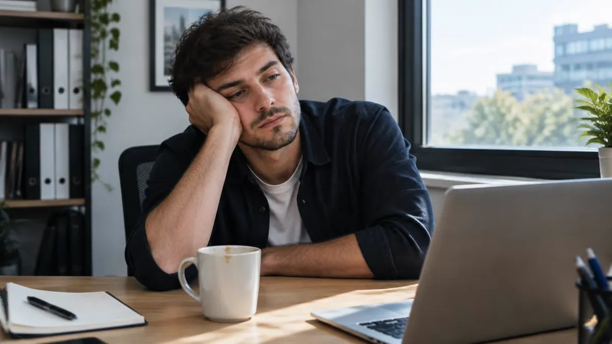 Person resting their head on one hand beside a coffee cup at a work desk