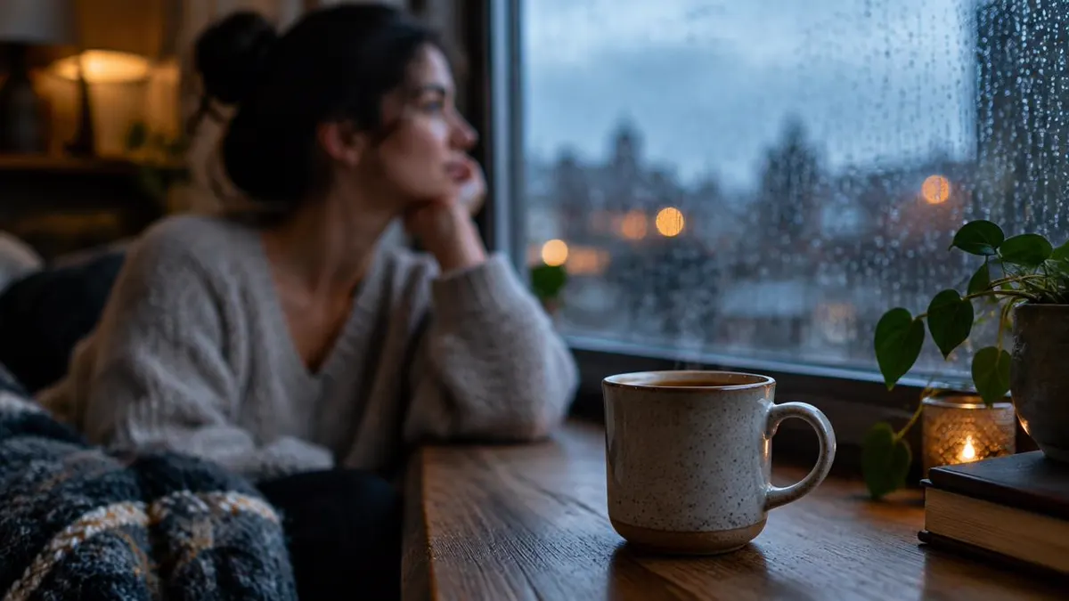 Person sitting thoughtfully by a window with a coffee cup in the foreground